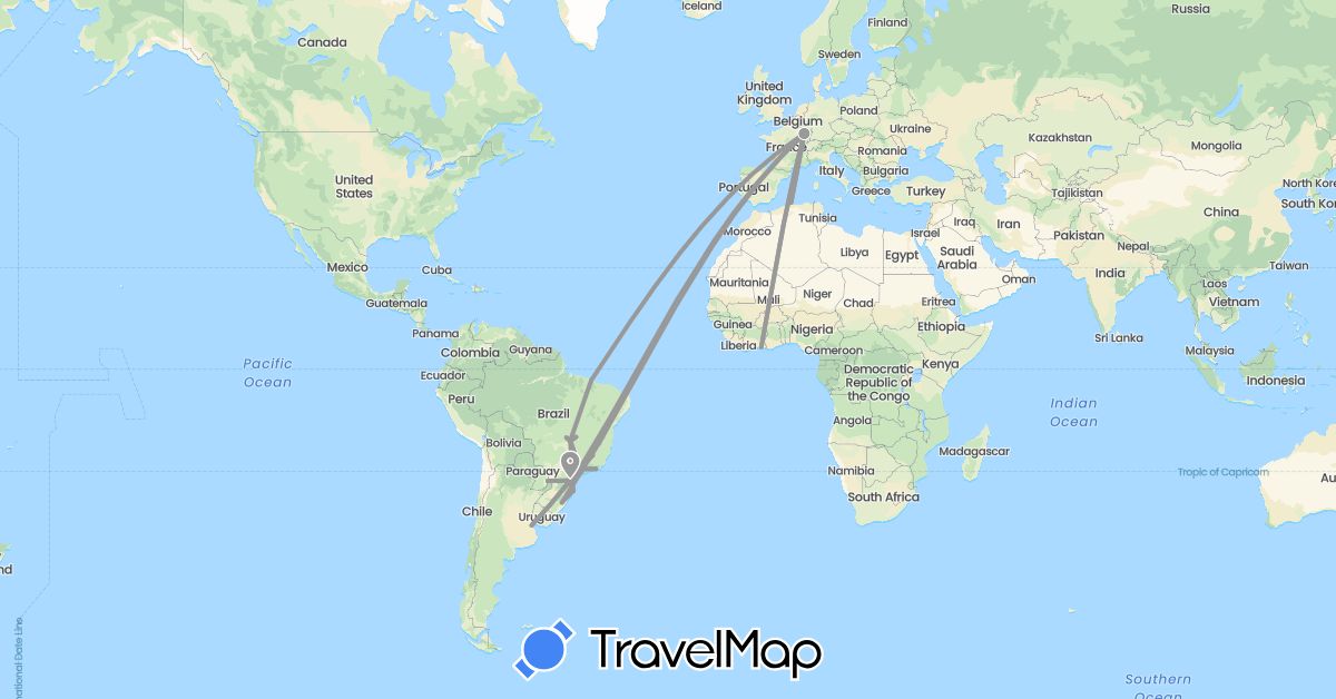 TravelMap itinerary: driving, plane in Argentina, Brazil, Côte d'Ivoire, Algeria, France (Africa, Europe, South America)